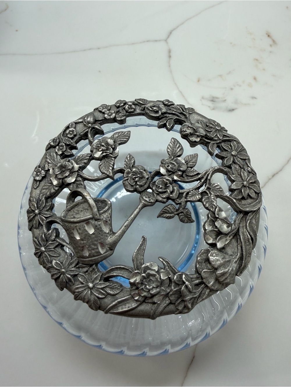 Vintage 1996 Rawcliffe Pewter &Ice blue glass Potpourri jar bowl